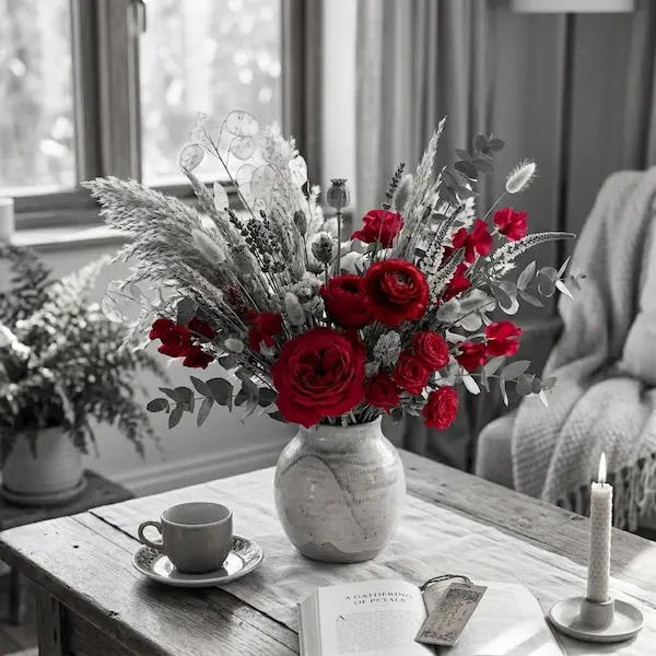 Elegantes rotes Blumenarrangement mit Selektiv-Farbeffekt